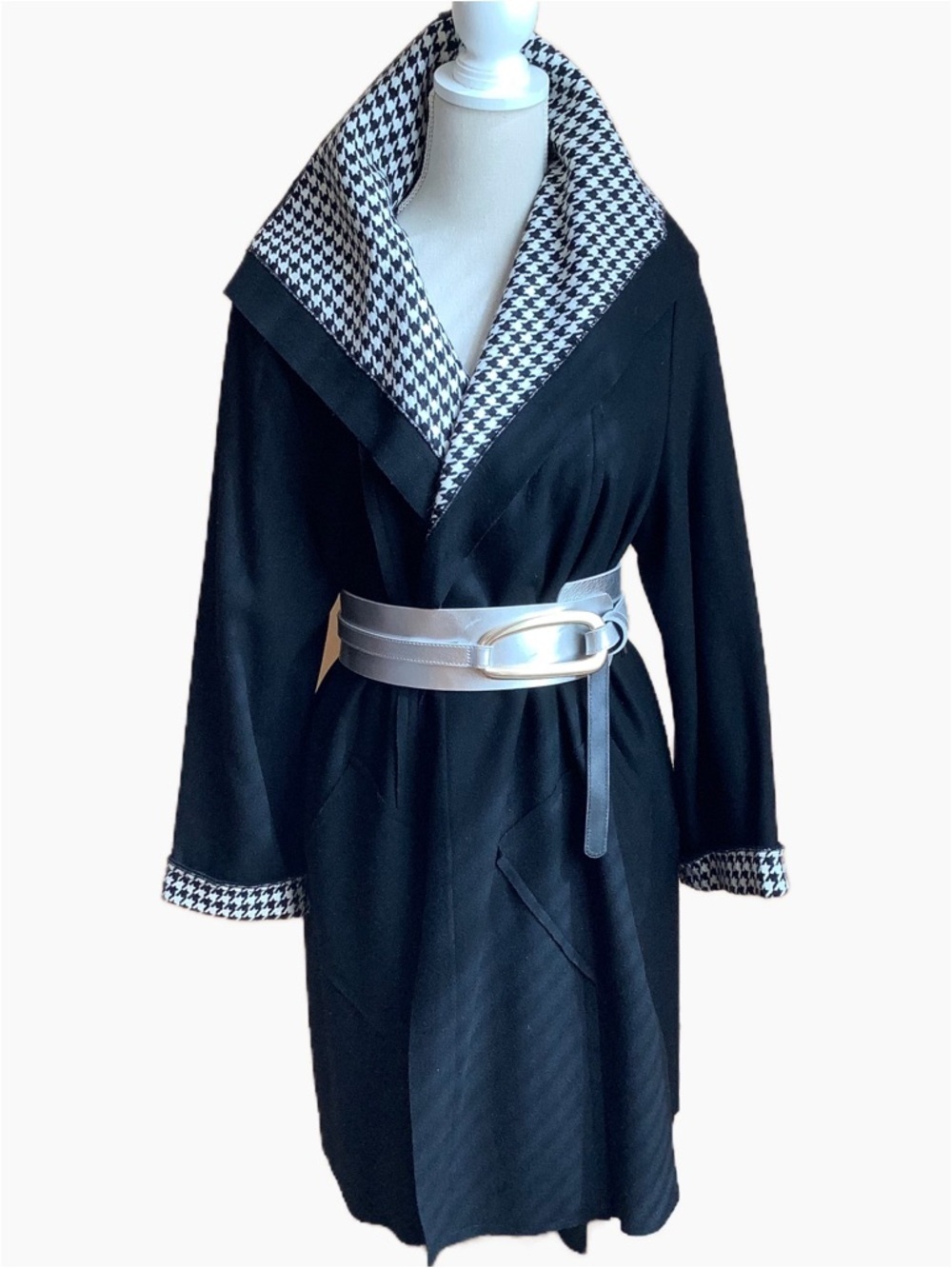 SPANNER Houndstooth Wool Blend Tweed Duster Cardigan Jacket Black White Coat M
